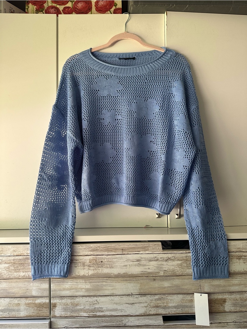 💙 NWT BCX Juniors XL Floral Open Knit Sweater Blue Lagoon